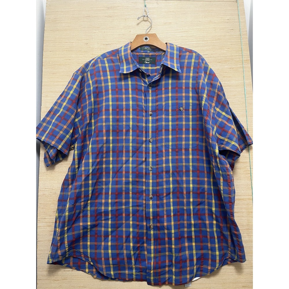 Orvis Shirt Mens XL Blue Yellow Red Plaid Short Sleeve Button Down Casual